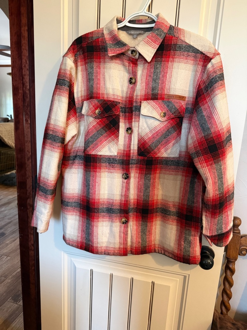 Simply Southern Red, Crean,Gray Plaid Sherpa-Lined Jacket in S But more like M/L